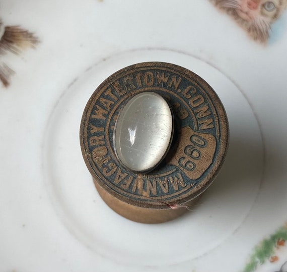 1 Antique Button Genuine Cats Eye Stone Sterling Metal