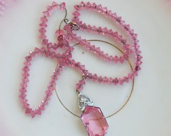 Vintage Necklace Crystal Pink Bicone Glass 1920s 1930s