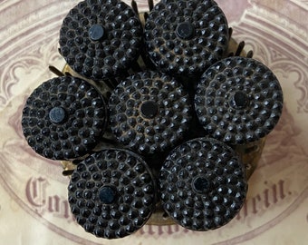 8 Vintage Black Glass Buttons Victorian 1900s Set