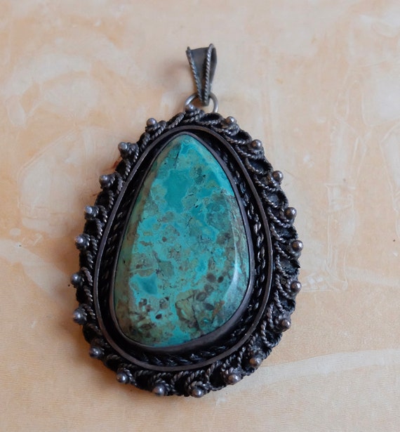 Vintage Turquoise Pin Pendant Hand Crafted Artisa… - image 2