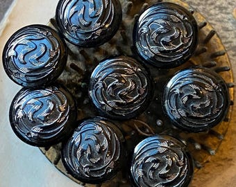 8 Vintage Black Glass Buttons Victorian 1900s Set