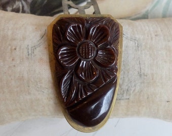 Vintage Bakelite Dress Clip Carved Brown 1940s