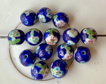 14 Vintage Porcelain Faux Cloisonne Flower Beads Blue Pink Flowers Ceramic