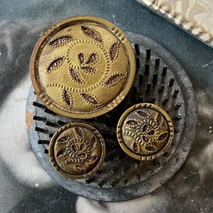3 Antique Button Brass Fabric Design Cut Out Metal