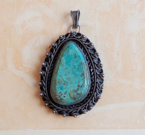 Vintage Turquoise Pin Pendant Hand Crafted Artisa… - image 1