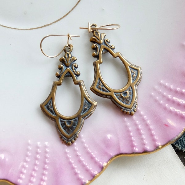 Vintage Brass Victorian Revival Reproduction Pierced Dangle Earrings Brass