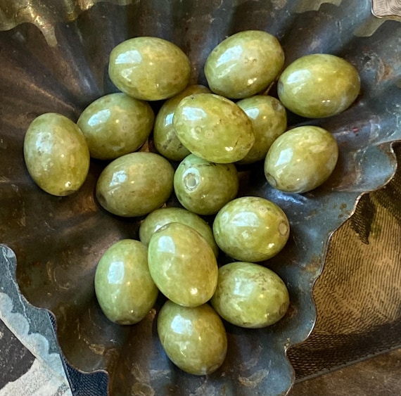 17 Vintage Green Glass Beads Speckled Oblong Olive