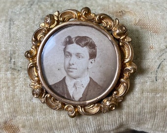 Antique Portrait Pin Brass Frame Man Sepia Vintage Photo Male