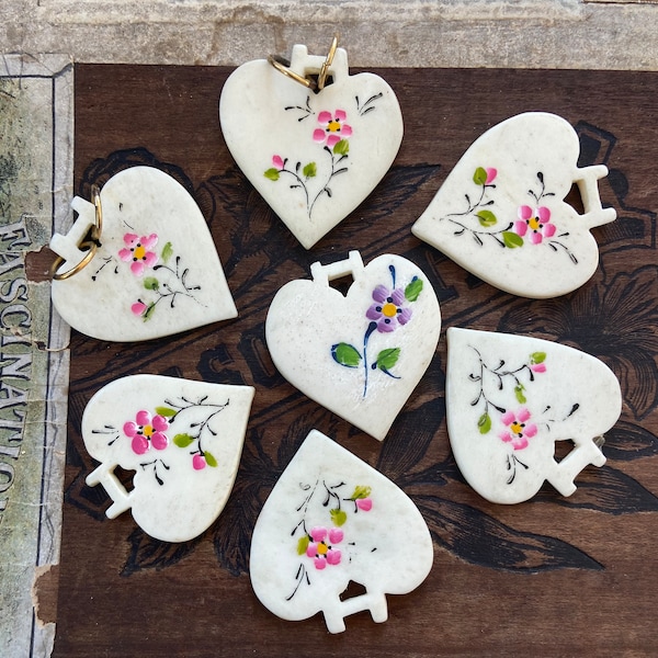 7 Vintage Heart Hand Painted Bone Pendant Charm