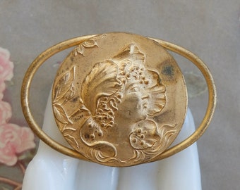 Vintage Brass Nouveau Lady Head Buckle Finding Large Gold Metal