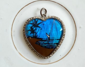 Vintage Pendant Morpho Butterfly Wing Hand Painted Island Scene Made in Brazil