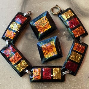 Vintage Bracelet Enamel Links Artisan Modernist 1970s Studio Earrings Set