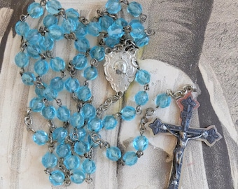 Vintage Rosary Blue Glass Beads Religious White Metal Cross