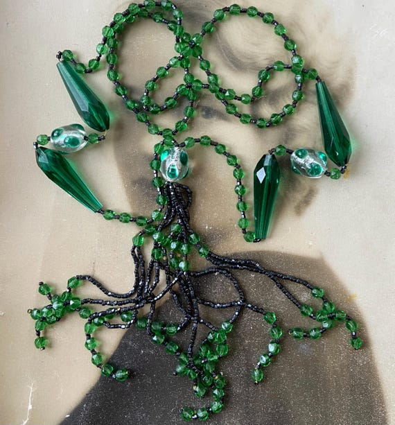 Antique Uranium Necklace Green Glass Beads Flapper Bohemian Faceted English Cut Art Glass