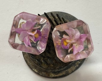Pr Reverse Carved Lucite Earrings Pendant Screw On Vintage Earrings Orchids