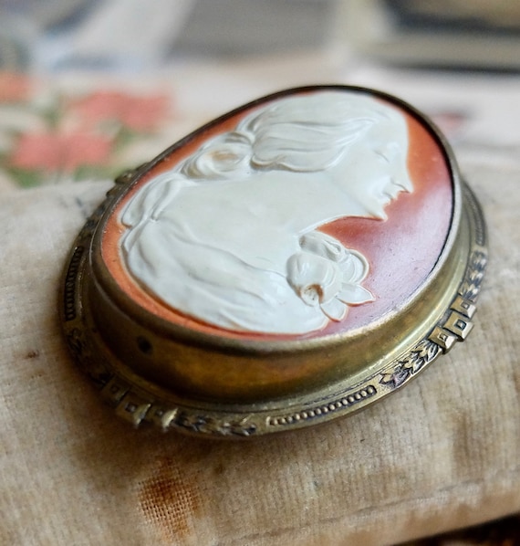 Vintage Celluloid Cameo Brooch Pin Large Profile - image 2