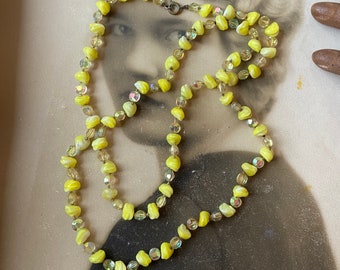 Vintage Necklace Yellow Glass Beads 1940s Crystals
