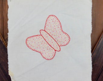 Vintage Butterfly Quilt Square Cotton Fabric 1930s Embroidered