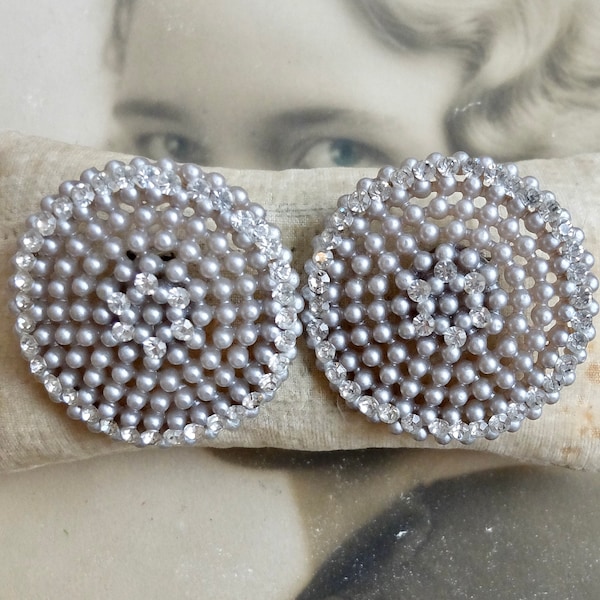 Vintage Lg Plastic Earrings Clip On Rhinestones Statement Flowers