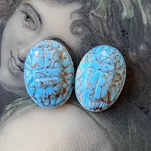 2 Lg Vintage Glass Scarab Cabochons Stones Peking Blue