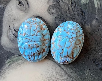 2 Lg Vintage Glass Scarab Cabochons Stones Peking Blue