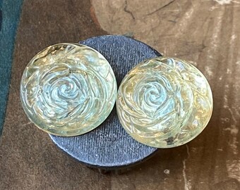 2 Vintage Schiaparelli Cabochons Roses Glass Foiled Germany Supply Domed Pale Yellow and Blue 18mm