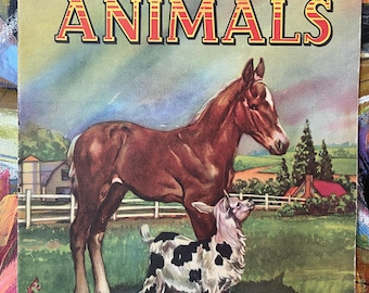 May include: A vintage book cover with the title "FARM ANIMALS" in red and yellow lettering. The cover depicts a brown horse and a black and white goat standing in a green field.