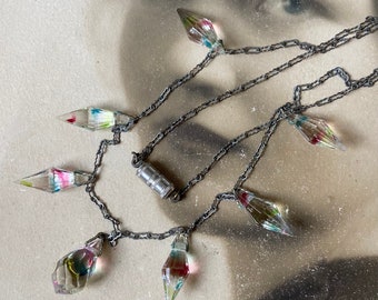 Vintage Crystal Teardrop Necklace Peanut Chain Screw Clasp Watermelon Crystal