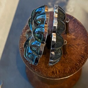 May include: A pair of silver earrings with a distinctive, layered design. The earrings have a dark, iridescent finish reflecting blue and green hues. The earrings are displayed on a wooden surface.