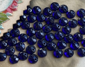 40 Vintage Glass Trims Two Hole Flat Back Sew On Blue