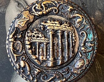 1 Antique Button Victorian Temple Ruins Building Mythological Creatures Serpent Symbols Large