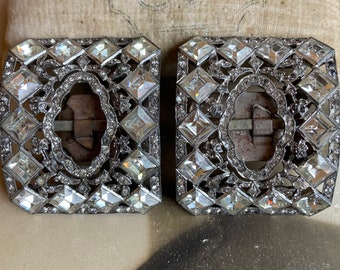 Vintage Rhinestone Shoe Buckle Pair Heavy Pot Metal Antique Accessory