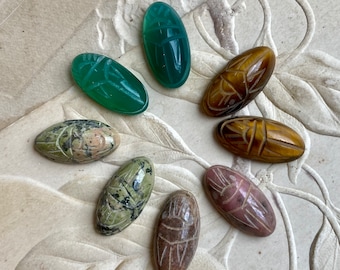 8 Vintage Natural Stone Scarabs Cabochons Carved Chrysoprase Tigereye Rhodonite