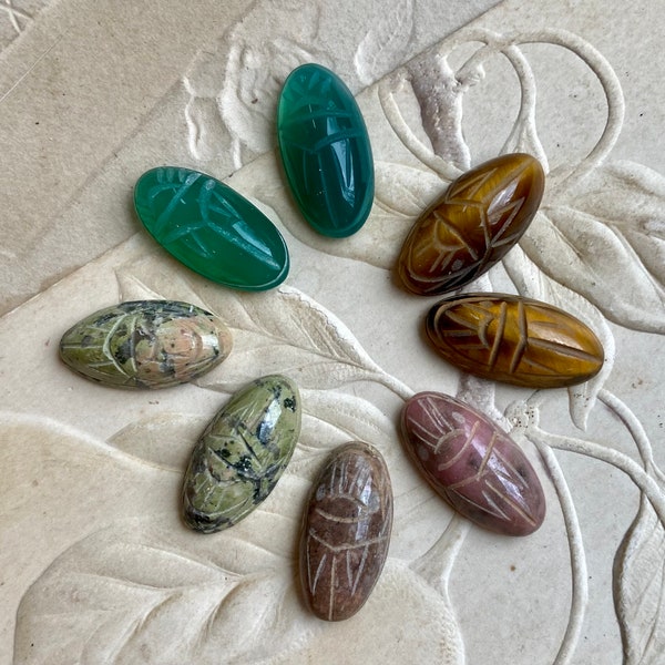 8 Vintage Natural Stone Scarabs Cabochons Carved Chrysoprase Tigereye Rhodonite