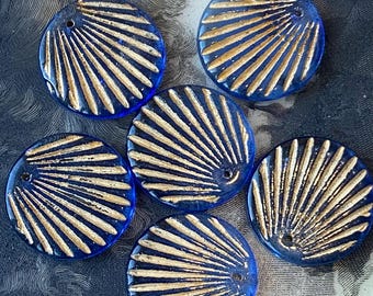 6 Glass Shell Beads Blue Seashell Scallop Top Hole Sequin