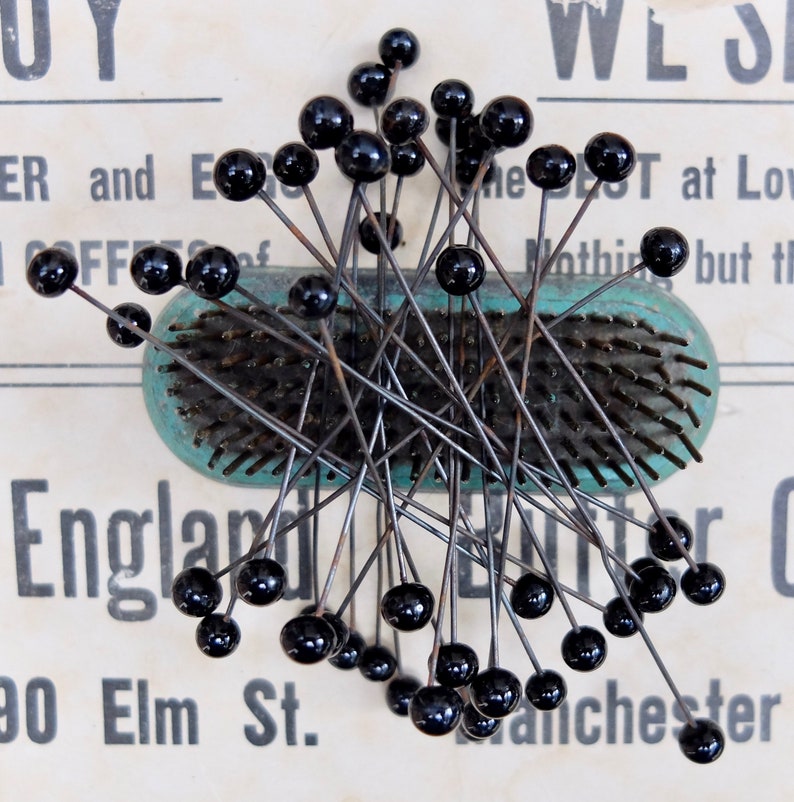 18 Vintage Glass Double Head Pins Victorian Black Glass Stamen Steel image 1