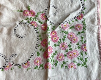 Vintage Embroidered Table Cloth Card Table Cover Cotton Pink Flowers Square