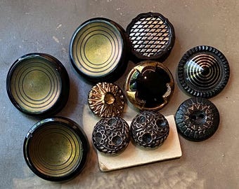 10 Vintage Black Glass Buttons Silver Gold Coated Assortment Lot