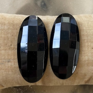 2 LG Vintage Black Glass Faceted Cabochons West German Glass Oval Flat Back