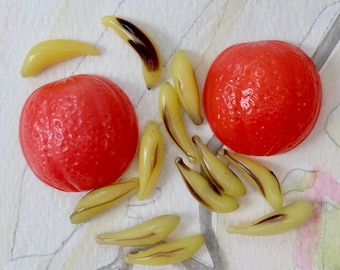 Vintage Glass Fruits Cabochon Orange Melon Flatback Cantaloupe Glass Bananas