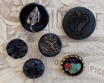 Vintage Black Glass Buttons Leaf Assortment Lot