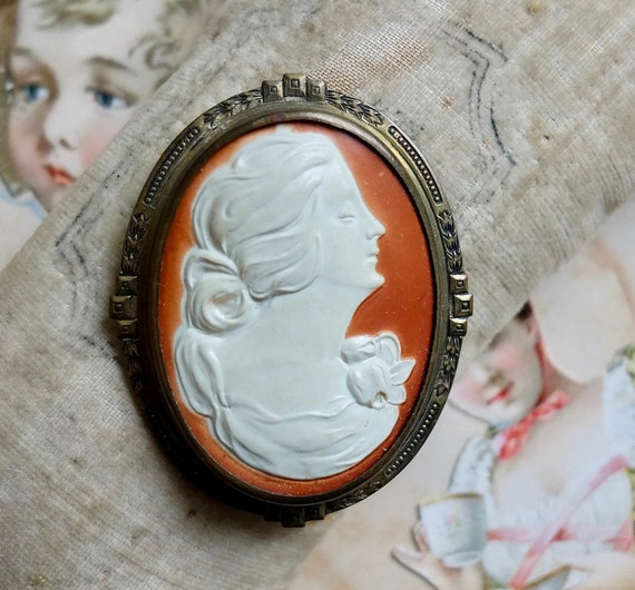 Vintage Celluloid Cameo Brooch Pin Large Profile - image 1