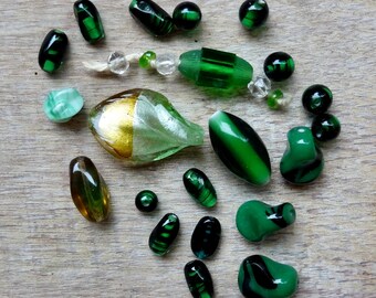 Asst Vintage Beads Striped Green Glass Beads