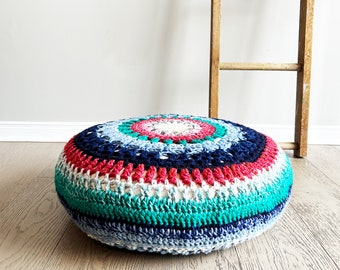 Crochet ECO Pouf/Ottoman | Coral, Blue & Teal