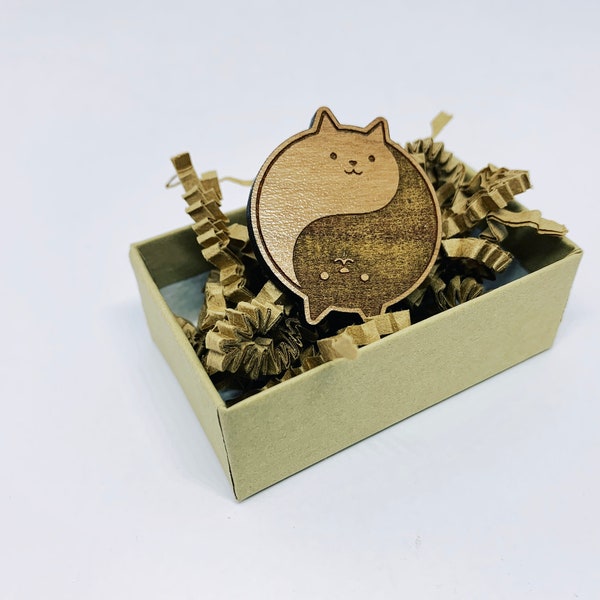 Yin and Yang Fat Cat Wooden Lapel Pin for Zoom Leisure