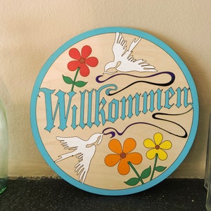 Willkommen Welcome Pennsylvania Dutch German Hex Hand Painted Wood Sign