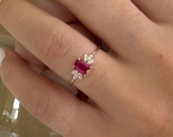 14k Solid Gold Ruby and Diamond Engagement Ring, Emerald Cut Ruby Ring, Ruby Stacking Ring Gift for Her Mothers Day Gifts Birthstone Jewelry