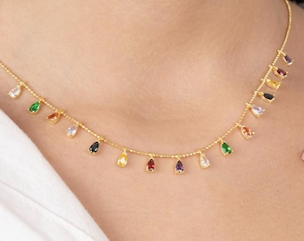 14k Gold Multicolor Station Necklace, Rainbow Station Necklace, Colorful Necklace, Gemstone Necklace, Dainty Ball Chain Necklace for Women