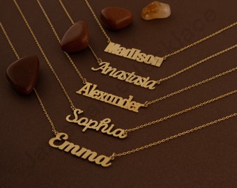 Collar con nombre personalizado, collar con nombre personalizado de oro de 14 quilates, colgante con placa de identificación, joyería de regalo para mujeres, regalo perfecto para ella, novia, mamá
