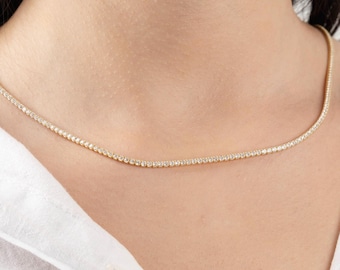 14k Gold Diamond Tennis Necklace, 3mm Lab-Grown Diamond Tennis Necklace, Dainty Choker Necklace, Bridesmaid Gift, Anniversary Gift for Her